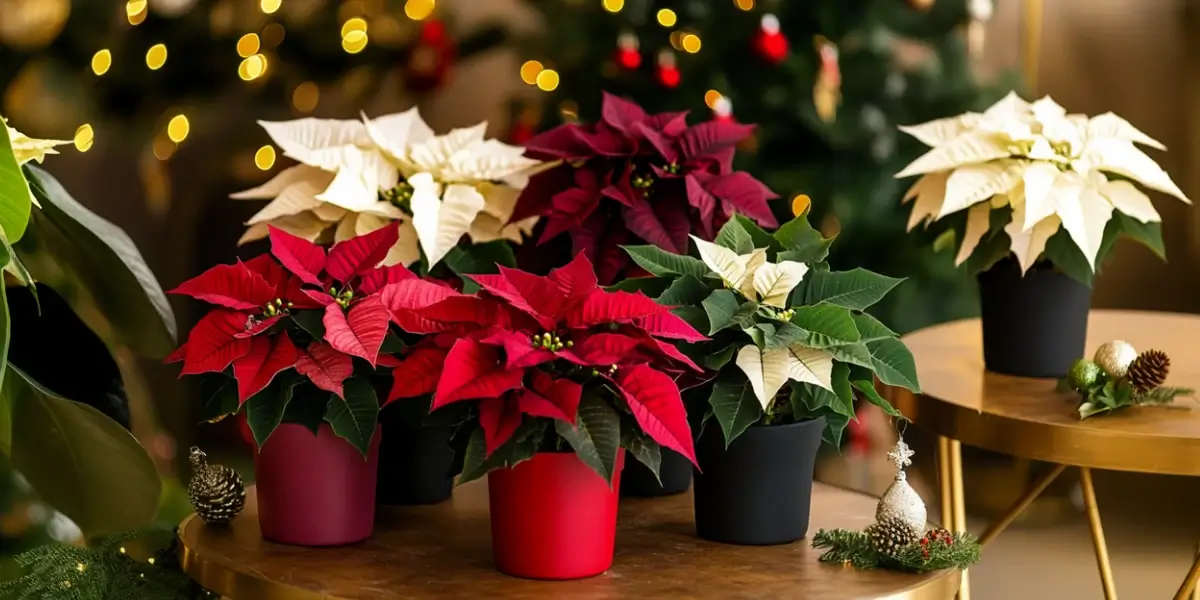 array of poinsettias plants in a christmas decorated room